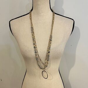 Faux Gold and Gray Multi-Strand Necklace beaded paper clip chain Costume Jewelry